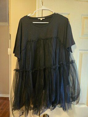 Jady by Jane black XL babydoll style top, black cotton with black netting over